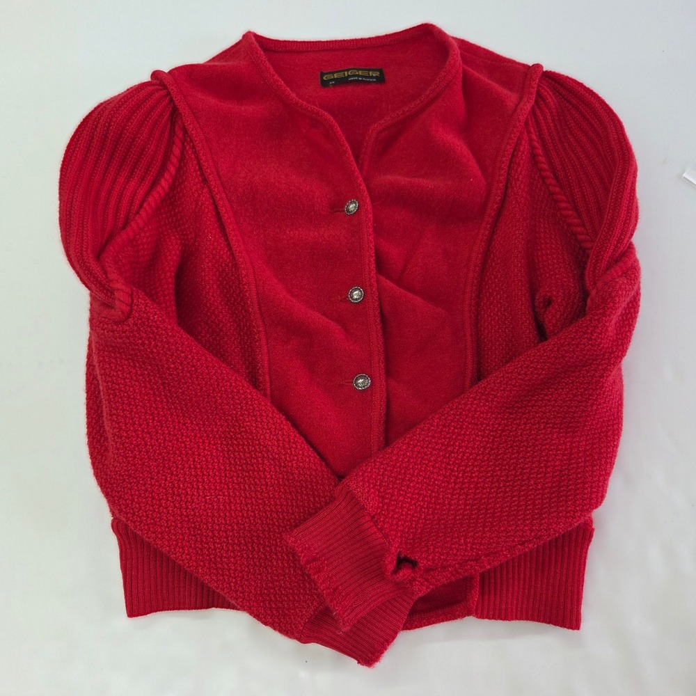 Geiger Boiled Wool Cardigan Women 40 Red Vintage‎ Puff Shoulder Austria READ - Picture 3 of 10